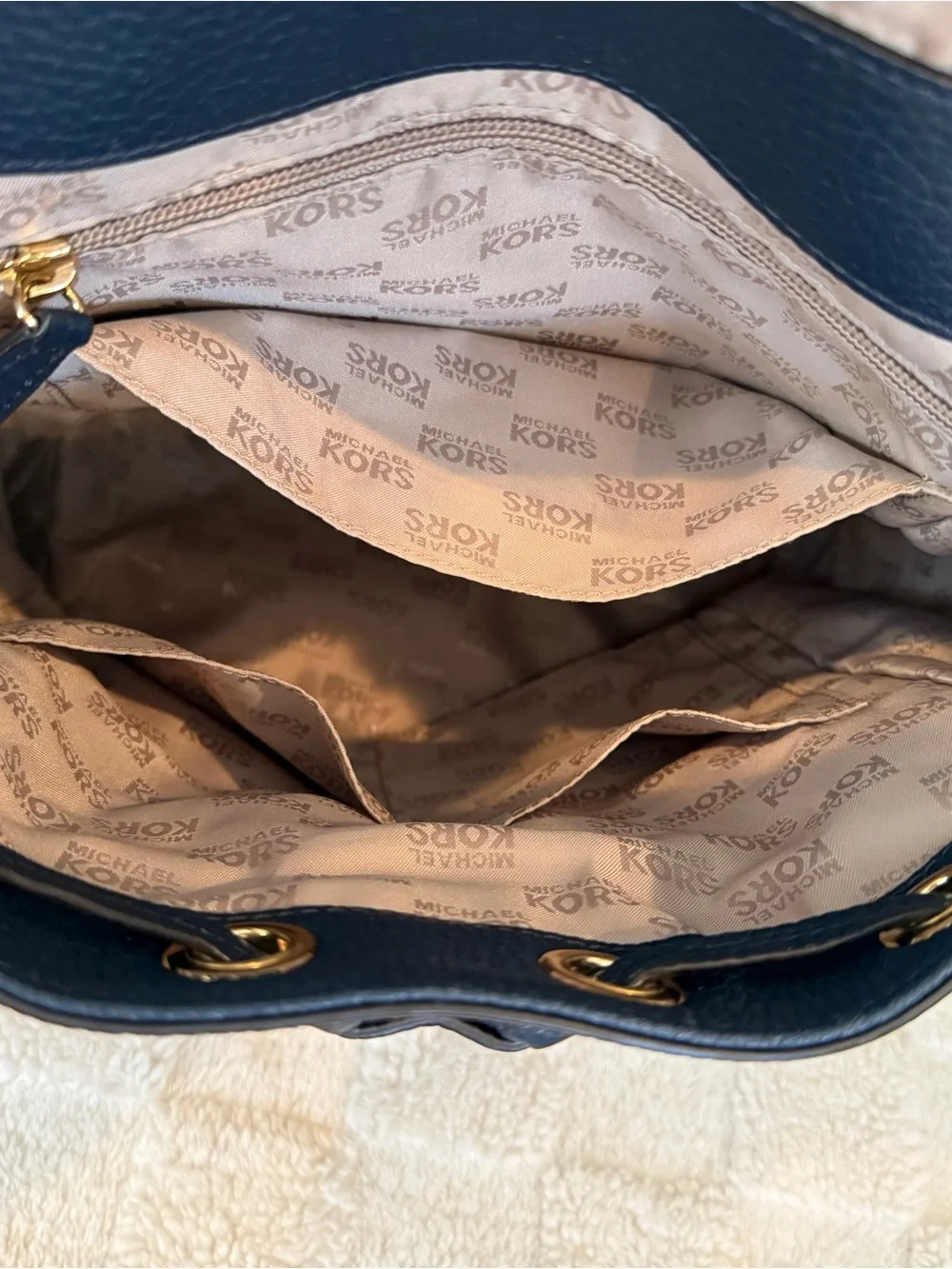 Michael Kors Navy Leather Backpack with Geometric Light Blue Flap